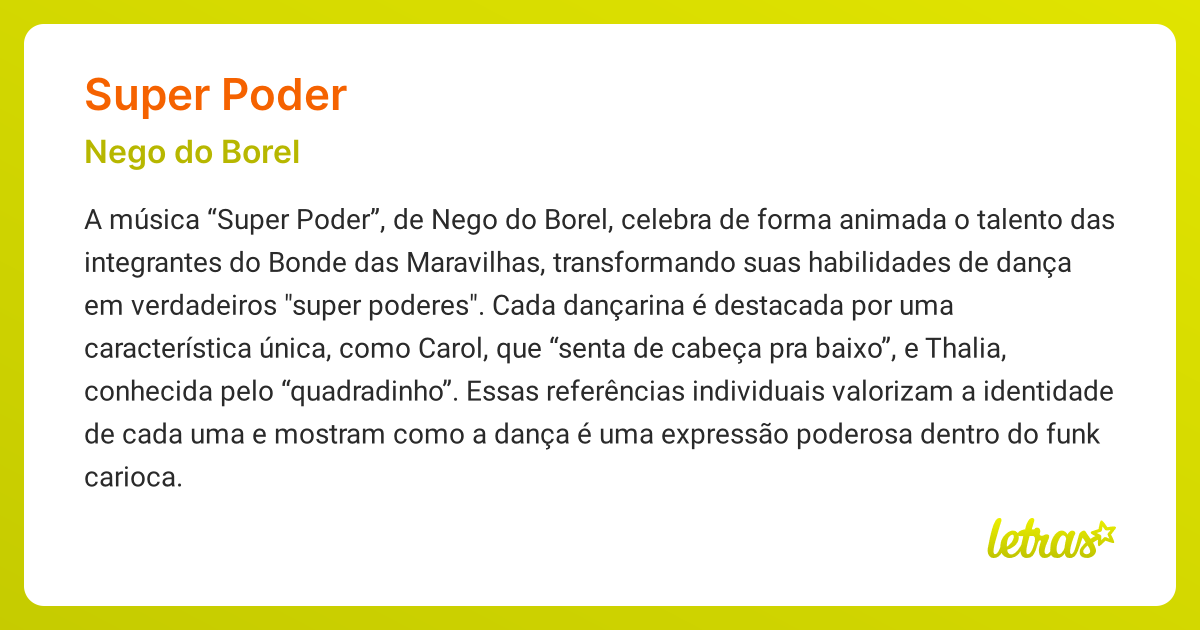 Significado da música SUPER PODER (Nego do Borel) - LETRAS.MUS.BR