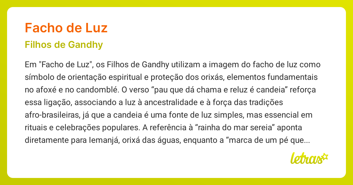 Significado da música FACHO DE LUZ (Filhos de Gandhy) - LETRAS.MUS.BR