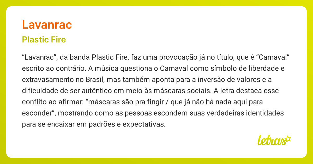 Significado da música LAVANRAC (Plastic Fire) - LETRAS.MUS.BR
