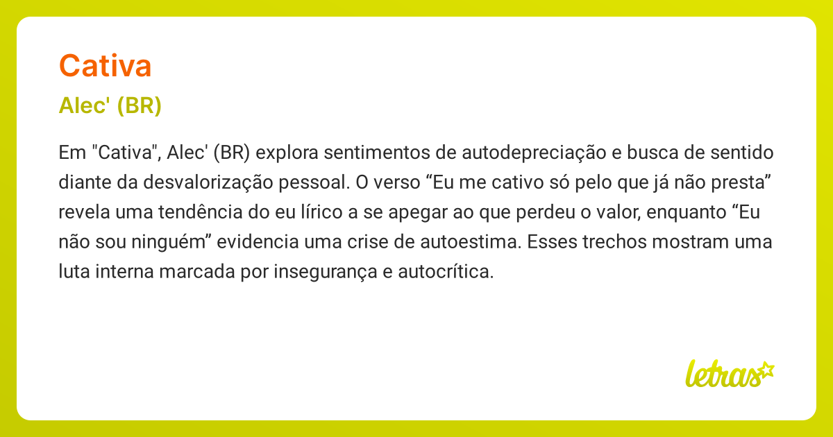 Significado da música CATIVA (Alec' (BR)) - LETRAS.MUS.BR