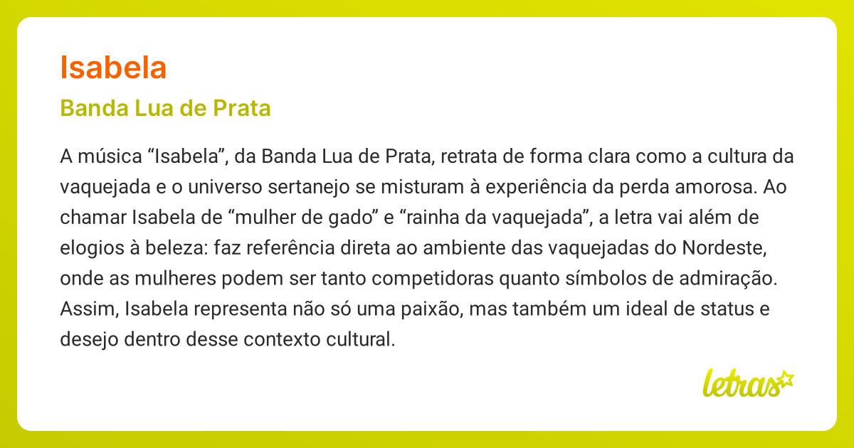 Significado da música ISABELA (Banda Lua de Prata) - LETRAS.MUS.BR