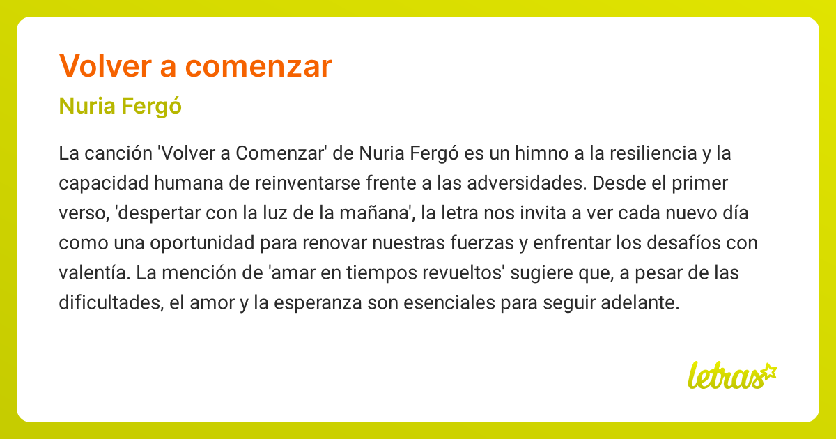 Significado de la canción VOLVER A COMENZAR (Nuria Fergó) - LETRAS.COM