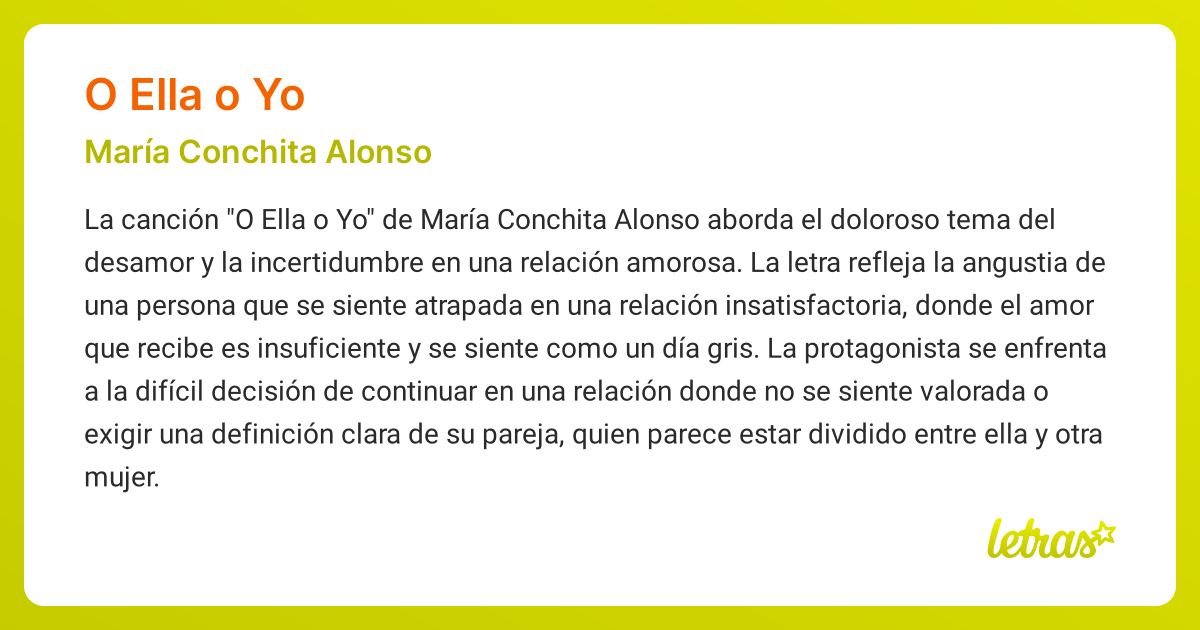 Significado de la canción O ELLA O YO (María Conchita Alonso) - LETRAS.COM