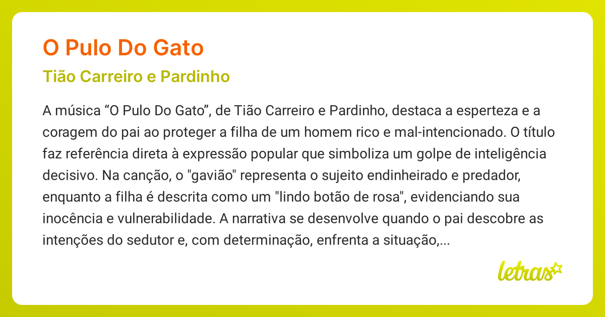 Significado da música O PULO DO GATO (Tião Carreiro e Pardinho ...
