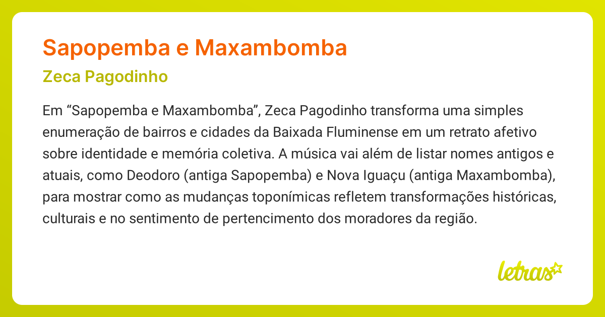 Significado da música SAPOPEMBA E MAXAMBOMBA (Zeca Pagodinho) - LETRAS ...