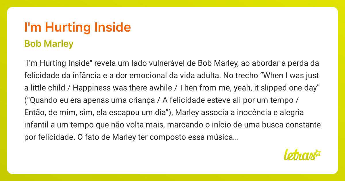 Significado da música I'M HURTING INSIDE (Bob Marley) - LETRAS.MUS.BR