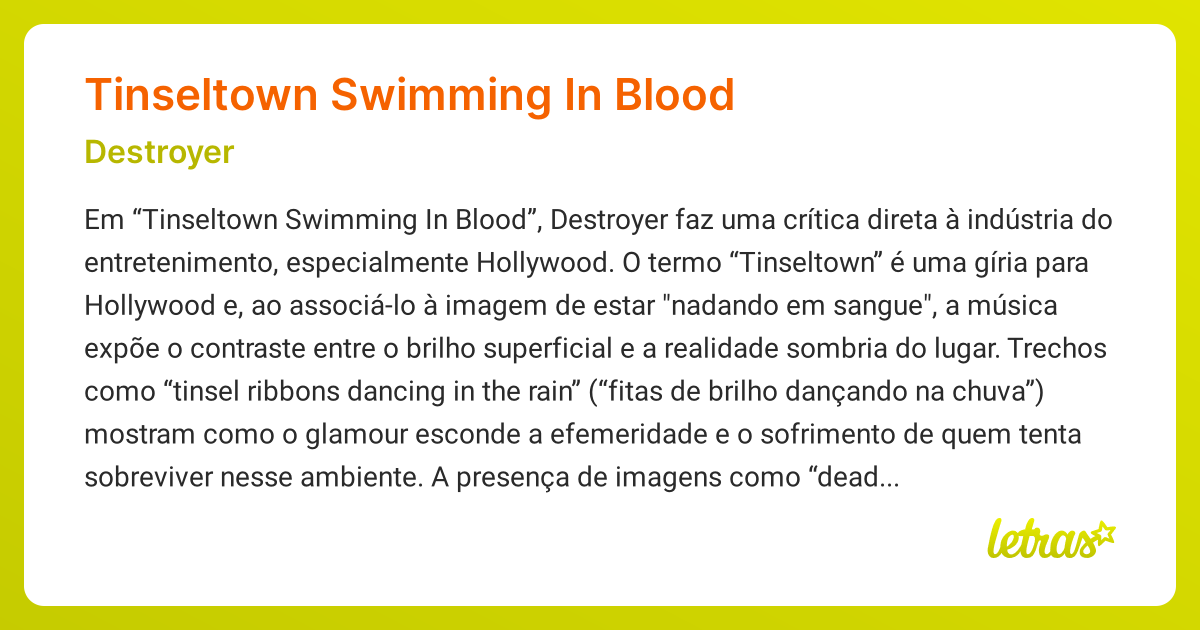 Significado da música TINSELTOWN SWIMMING IN BLOOD (Destroyer) - LETRAS ...