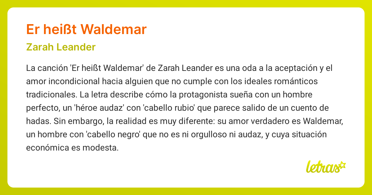 Significado de la canción ER HEIßT WALDEMAR (Zarah Leander) - LETRAS.COM