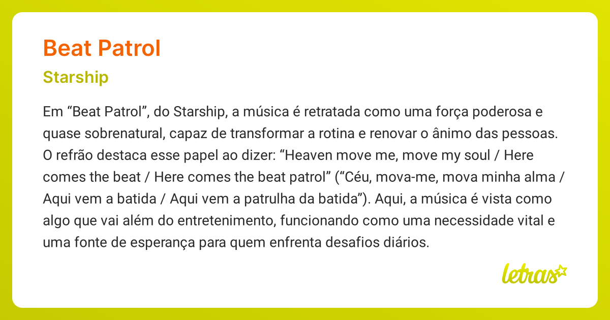 Significado da música BEAT PATROL (Starship) - LETRAS.MUS.BR