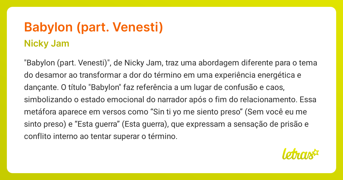 Significado da música BABYLON (PART. VENESTI) (Nicky Jam) - LETRAS.MUS.BR