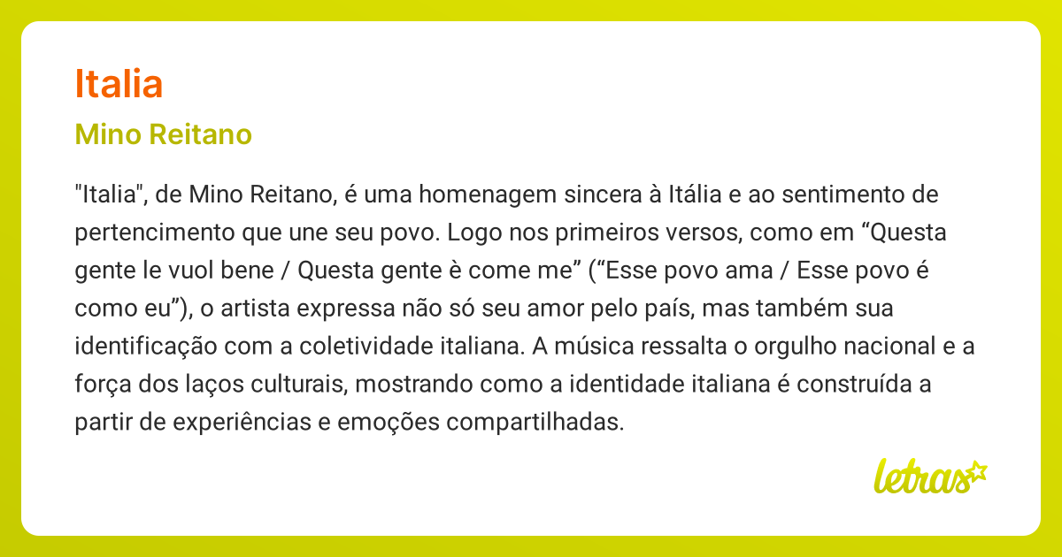 Significado da música ITALIA (Mino Reitano) - LETRAS.MUS.BR