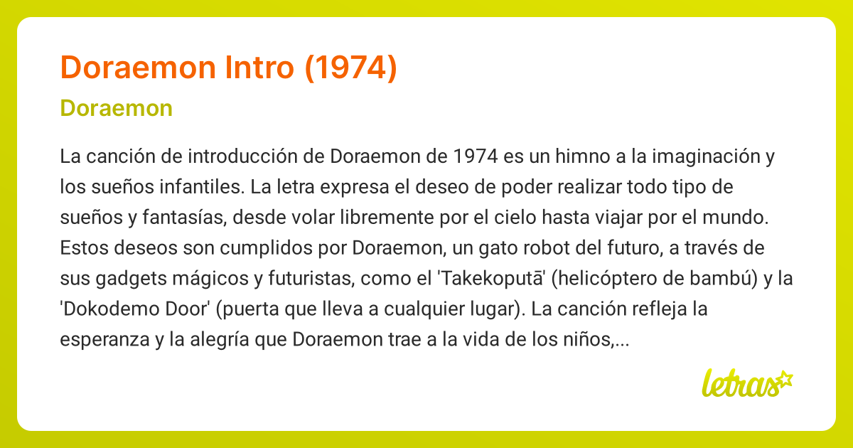 Significado de la canción DORAEMON INTRO (1974) (Doraemon) - LETRAS.COM