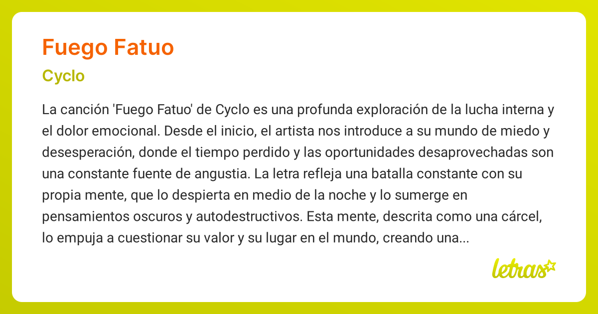 Significado de la canción FUEGO FATUO (Cyclo) - LETRAS.COM