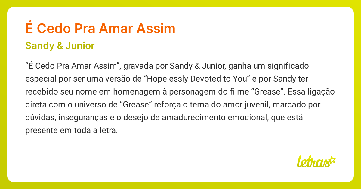 Significado da música É CEDO PRA AMAR ASSIM (Sandy & Junior) - LETRAS ...