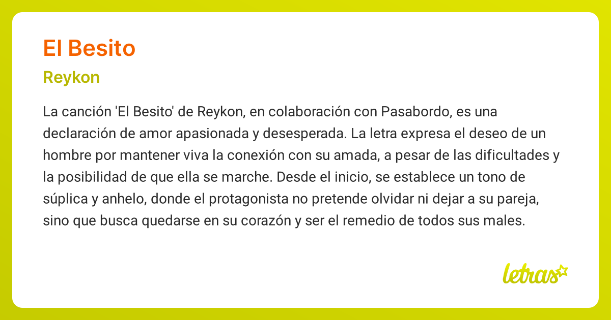 Significado de la canción EL BESITO (Reykon) - LETRAS.COM