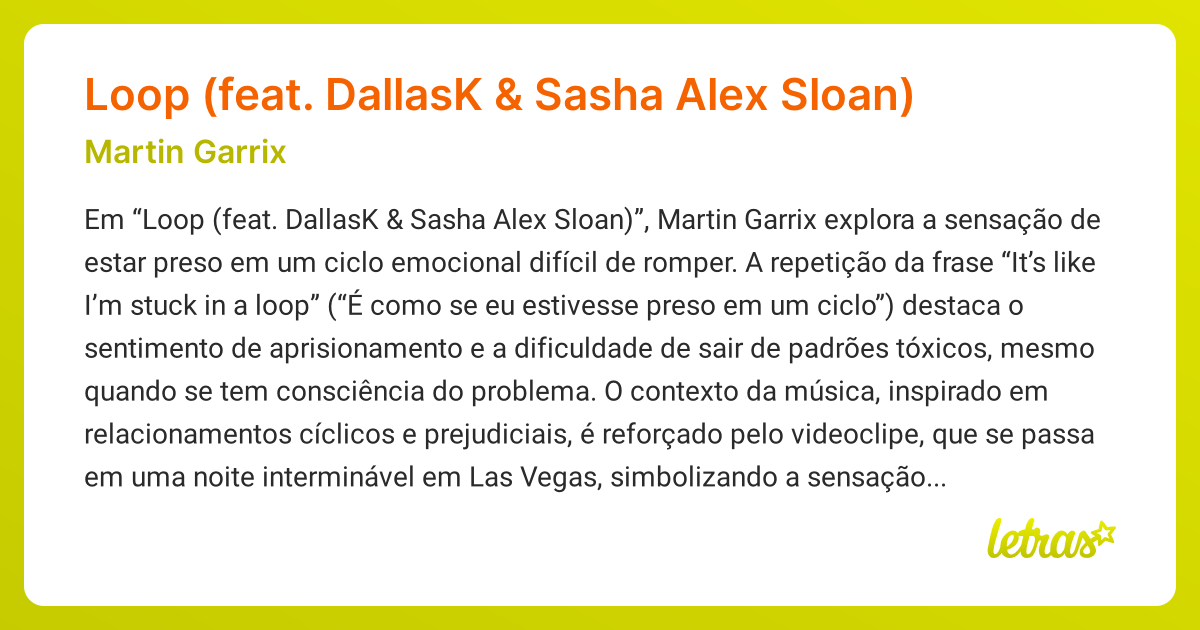 Significado da música Loop (feat. DallasK & Sasha Alex Sloan) (Martin ...