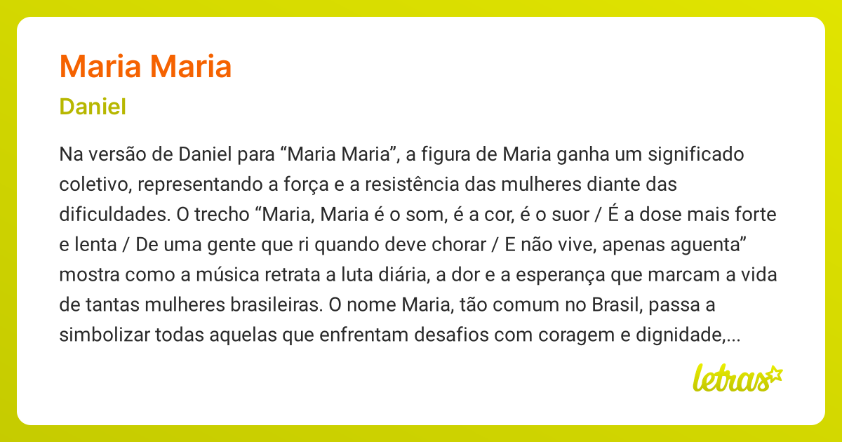 Significado da música MARIA MARIA (Daniel) - LETRAS.MUS.BR
