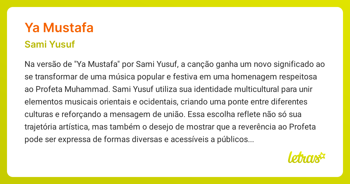 Significado da música YA MUSTAFA (Sami Yusuf) - LETRAS.MUS.BR