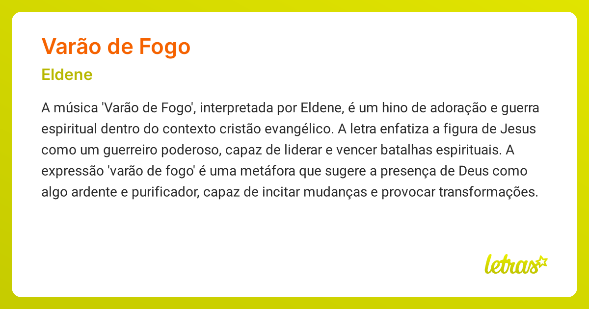 Significado da música VARÃO DE FOGO (Eldene) - LETRAS.MUS.BR