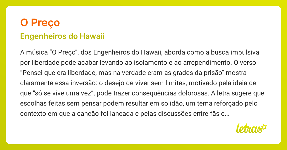 Significado da música O PREÇO (Engenheiros do Hawaii) - LETRAS.MUS.BR