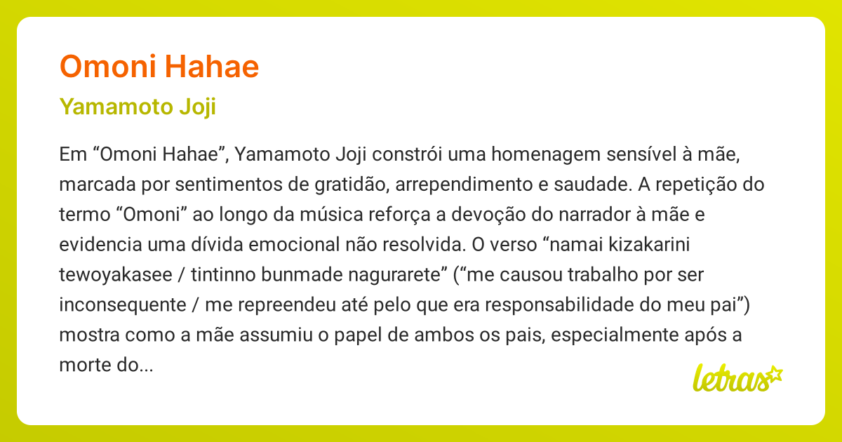 Significado da música OMONI HAHAE (Yamamoto Joji) - LETRAS.MUS.BR