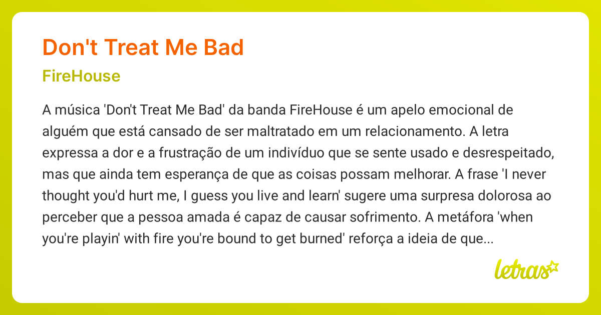 Significado da música DON'T TREAT ME BAD (FireHouse) - LETRAS.MUS.BR