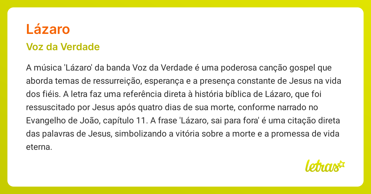 Significado da música LÁZARO (Voz da Verdade) - LETRAS.MUS.BR