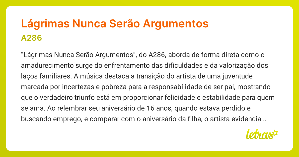Significado da música Lágrimas Nunca Serão Argumentos (A286) - LETRAS ...