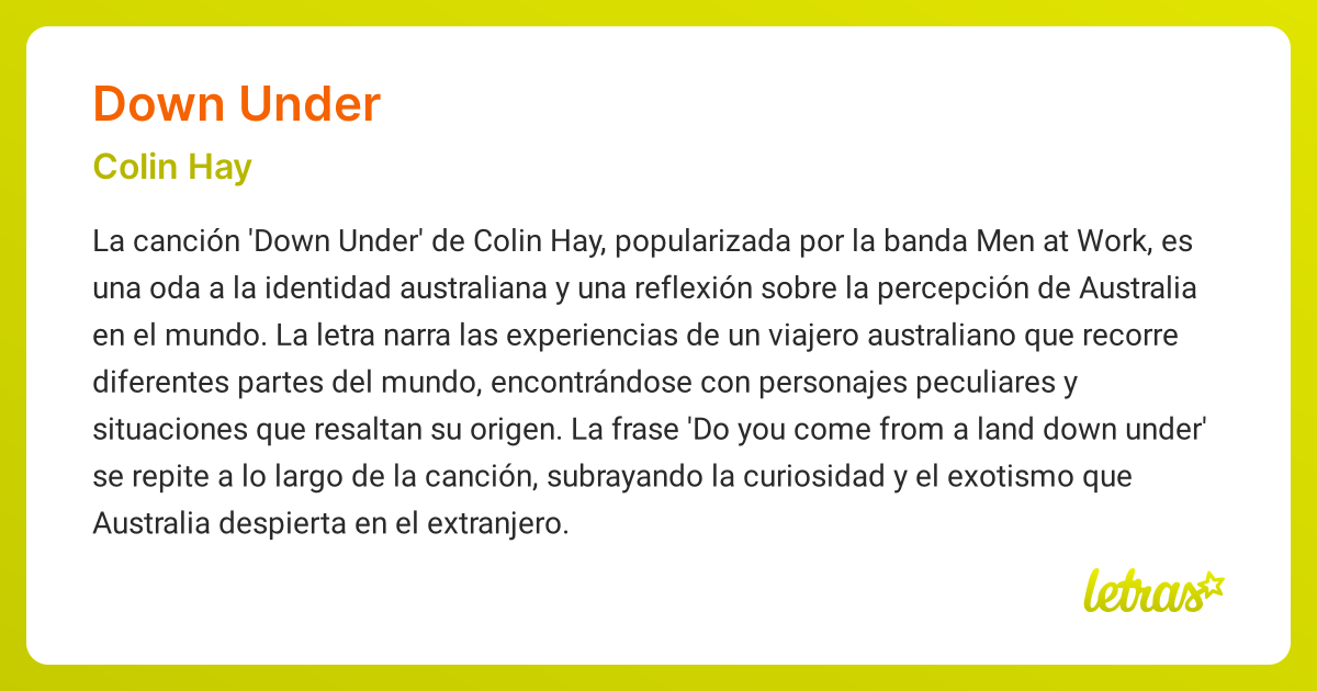 Significado de la canción DOWN UNDER (Colin Hay)