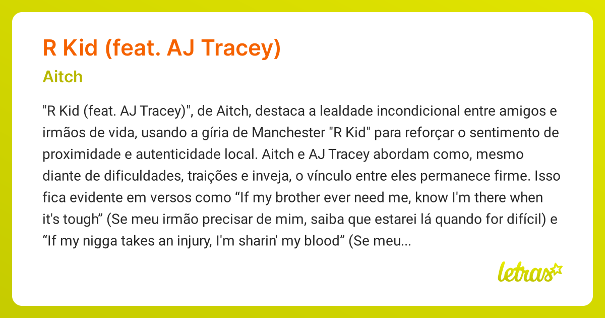 Significado da música R KID (FEAT. AJ TRACEY) (Aitch) - LETRAS.MUS.BR