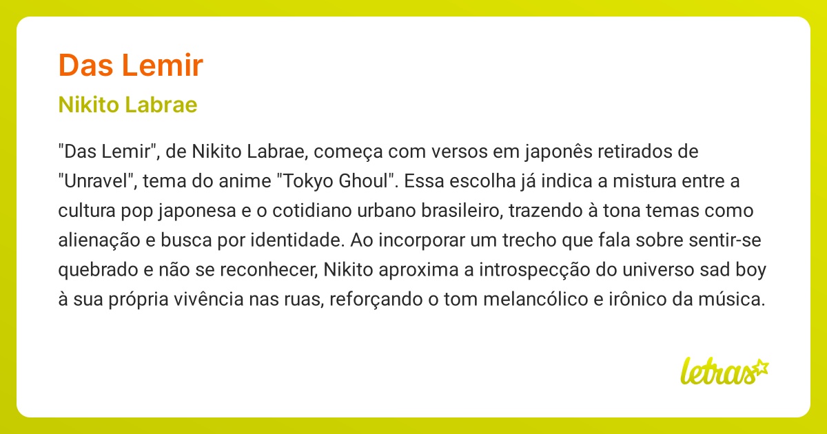 Significado da música DAS LEMIR (Nikito Labrae) - LETRAS.MUS.BR