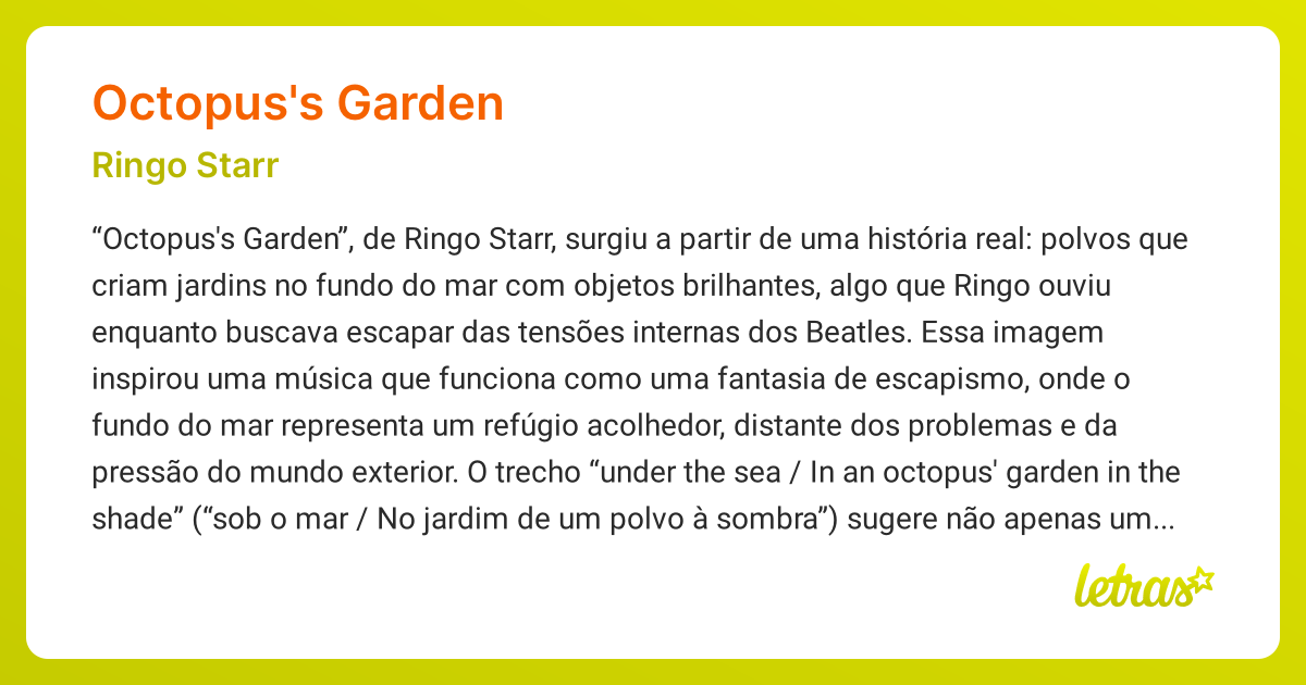 Significado da música OCTOPUS'S GARDEN (Ringo Starr) - LETRAS.MUS.BR