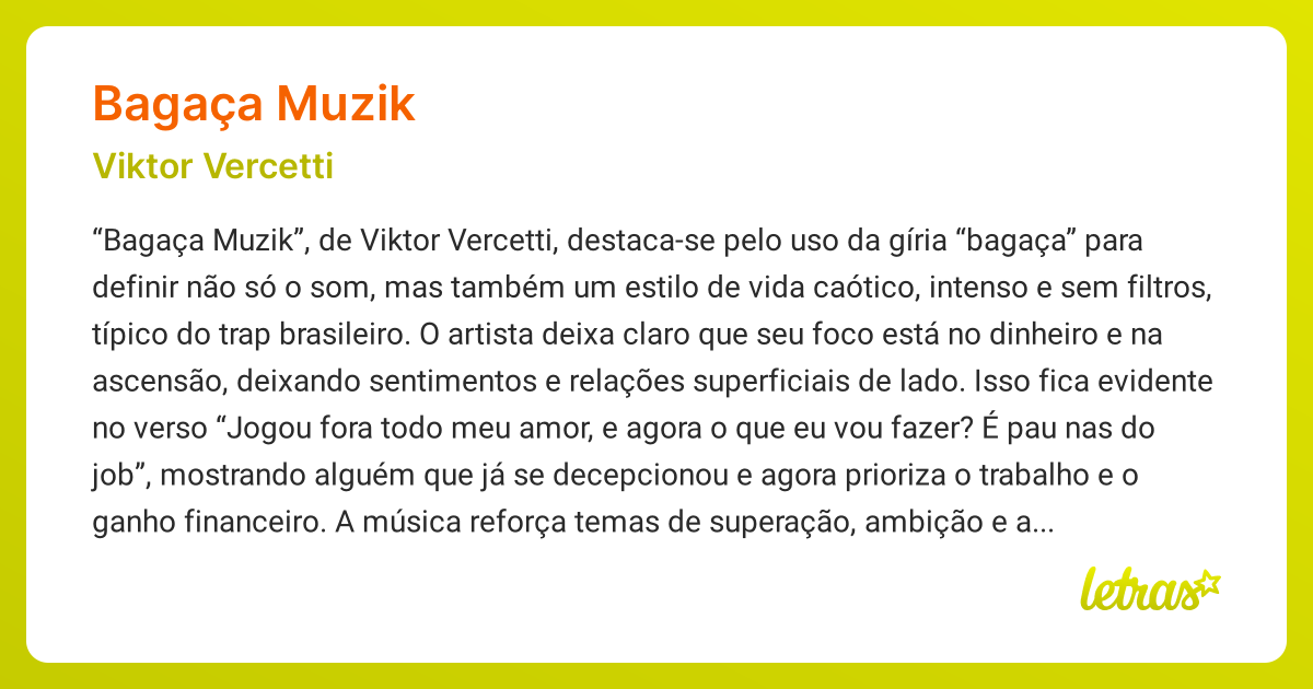 Significado da música BAGAÇA MUZIK (Viktor Vercetti) - LETRAS.MUS.BR