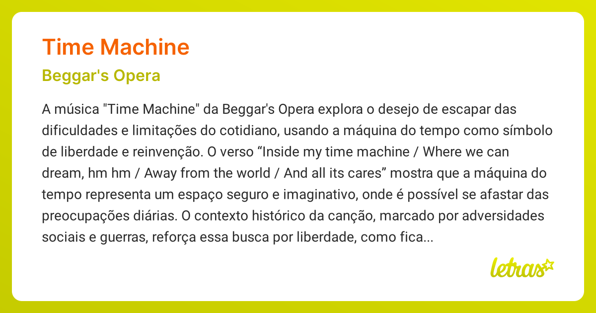 Significado da música TIME MACHINE (Beggar's Opera) - LETRAS.MUS.BR