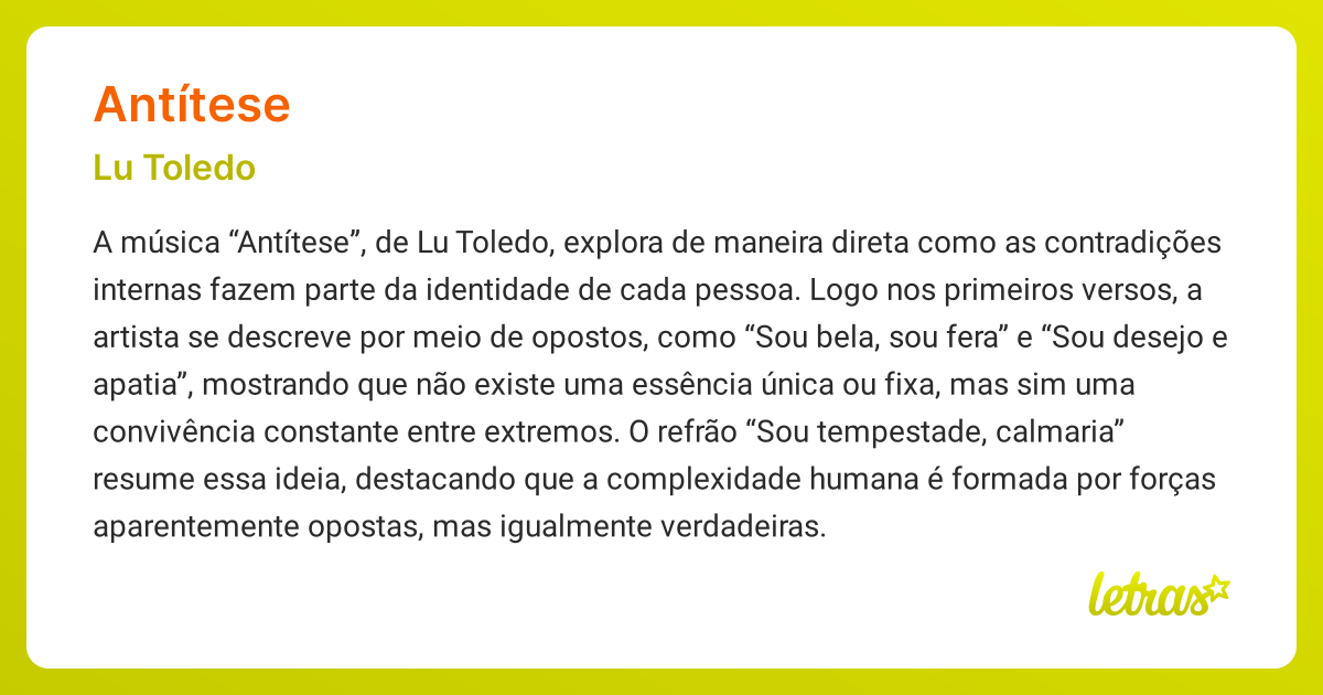 Significado da música ANTÍTESE (Lu Toledo) - LETRAS.MUS.BR