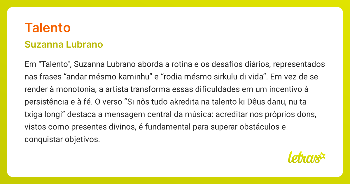 Significado da música TALENTO (Suzanna Lubrano) - LETRAS.MUS.BR