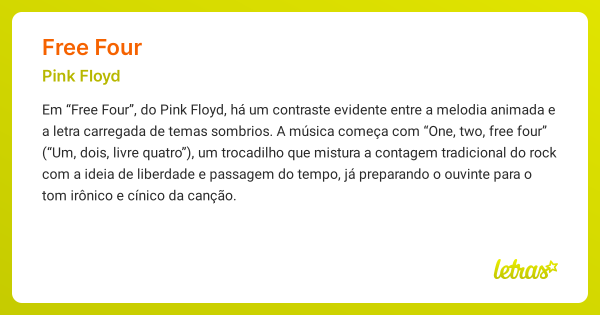 Significado da música FREE FOUR (Pink Floyd) - LETRAS.MUS.BR