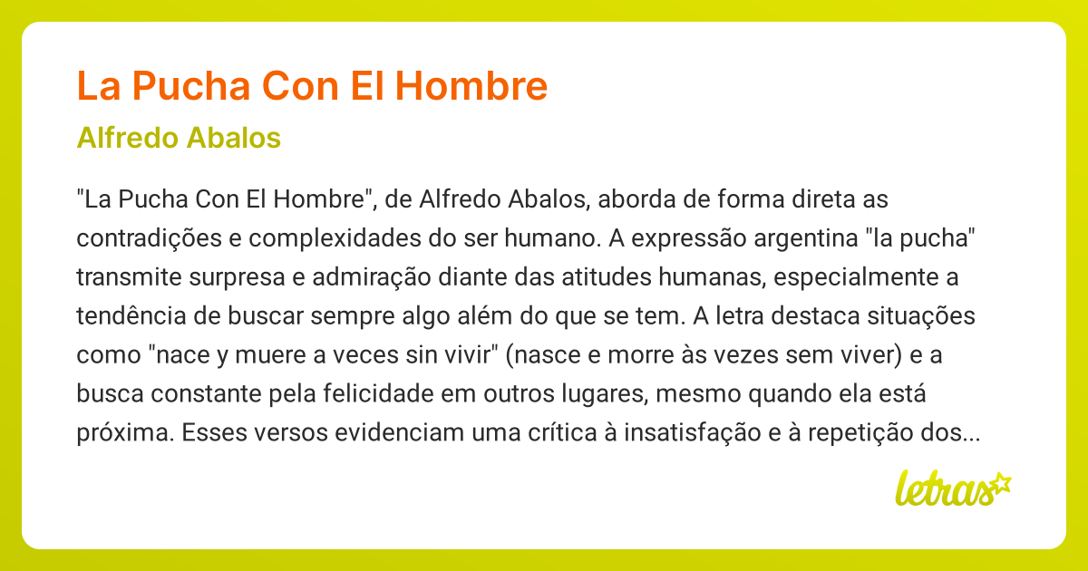 Significado da música LA PUCHA CON EL HOMBRE (Alfredo Abalos) - LETRAS ...