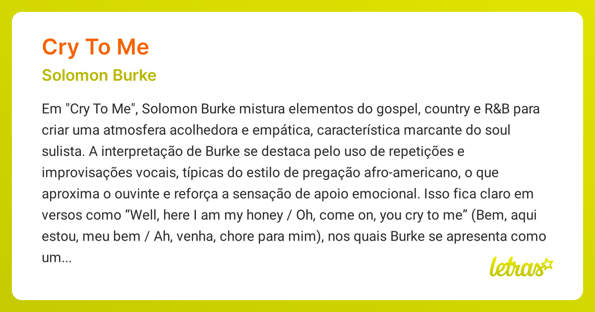 Significado da música CRY TO ME (Solomon Burke) - LETRAS.MUS.BR