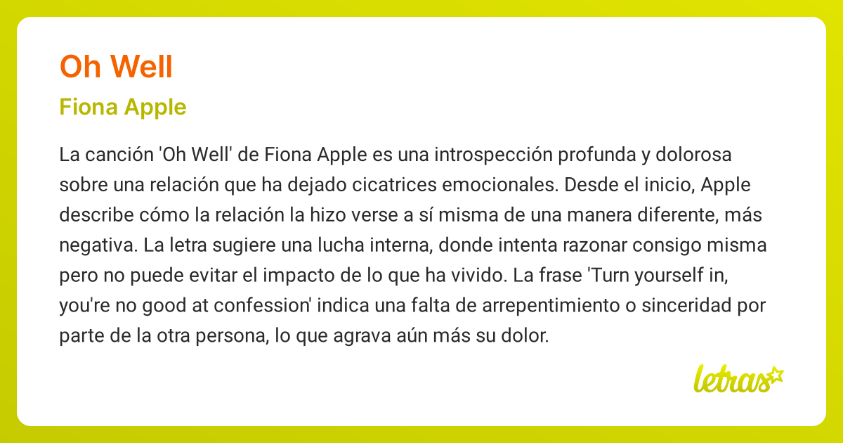 Significado de la canción OH WELL (Fiona Apple) - LETRAS.COM