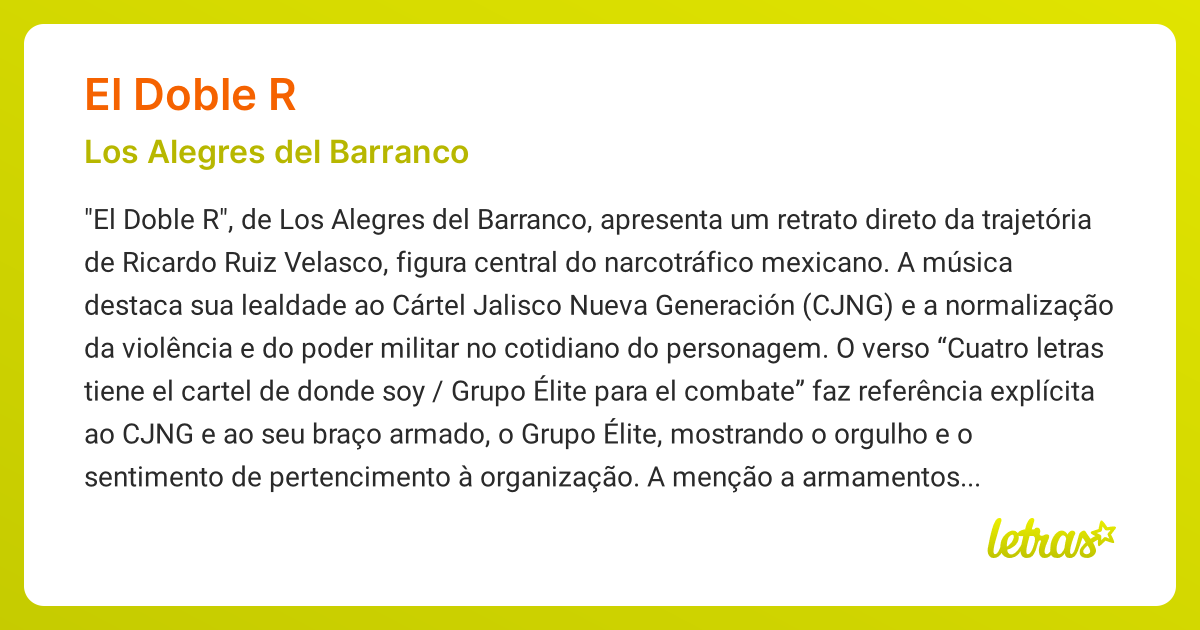 Significado da música EL DOBLE R (Los Alegres del Barranco) - LETRAS.MUS.BR
