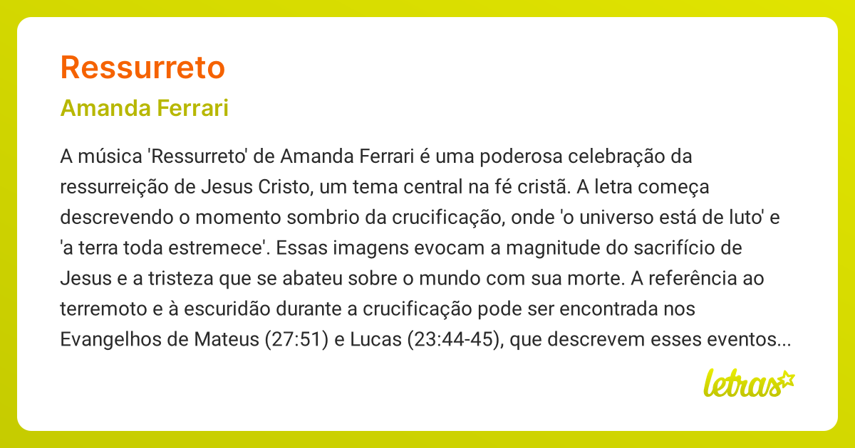 Significado da música RESSURRETO (Amanda Ferrari) - LETRAS.MUS.BR