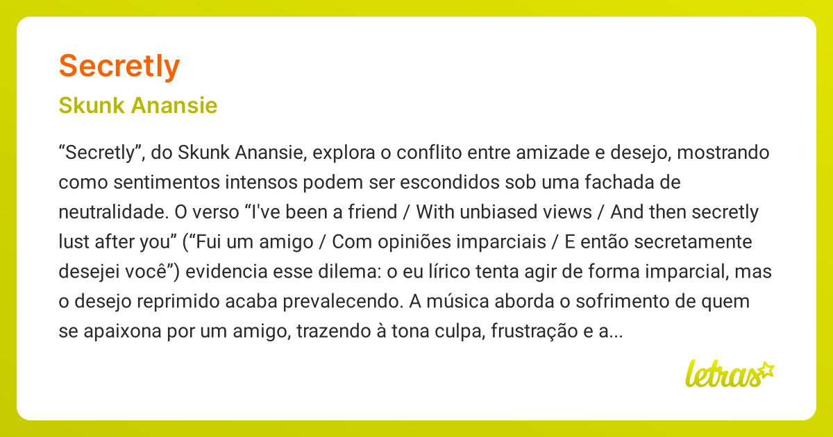 Significado da música SECRETLY (Skunk Anansie) - LETRAS.MUS.BR