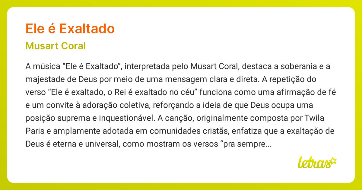Significado da música ELE É EXALTADO (Musart Coral) - LETRAS.MUS.BR