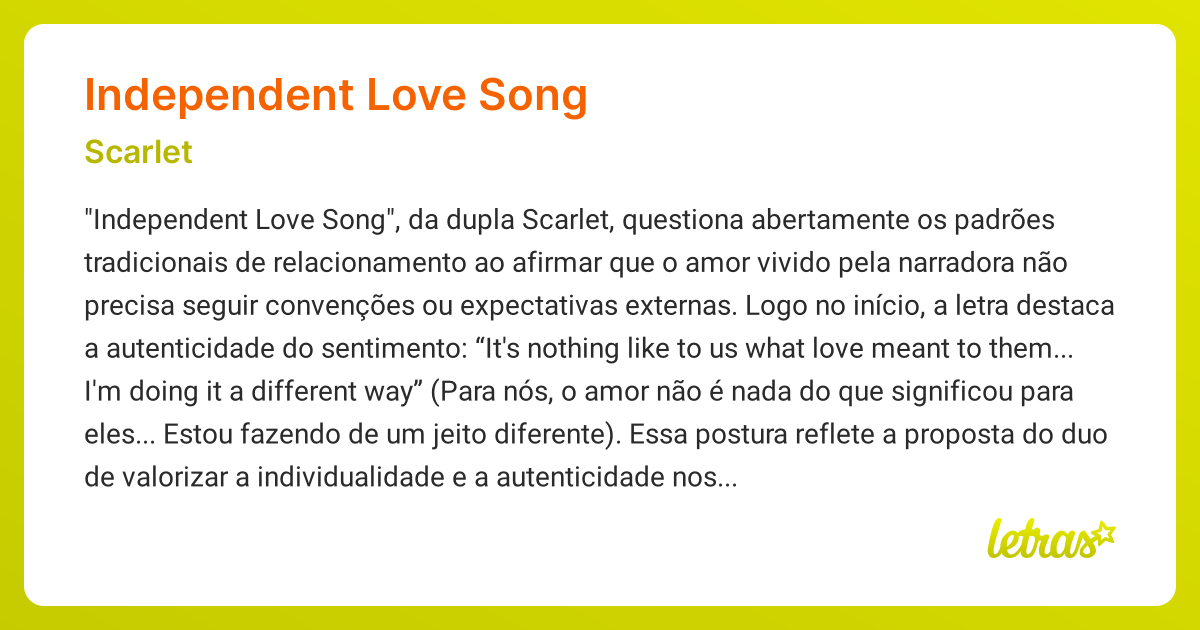 Significado da música INDEPENDENT LOVE SONG (Scarlet) - LETRAS.MUS.BR