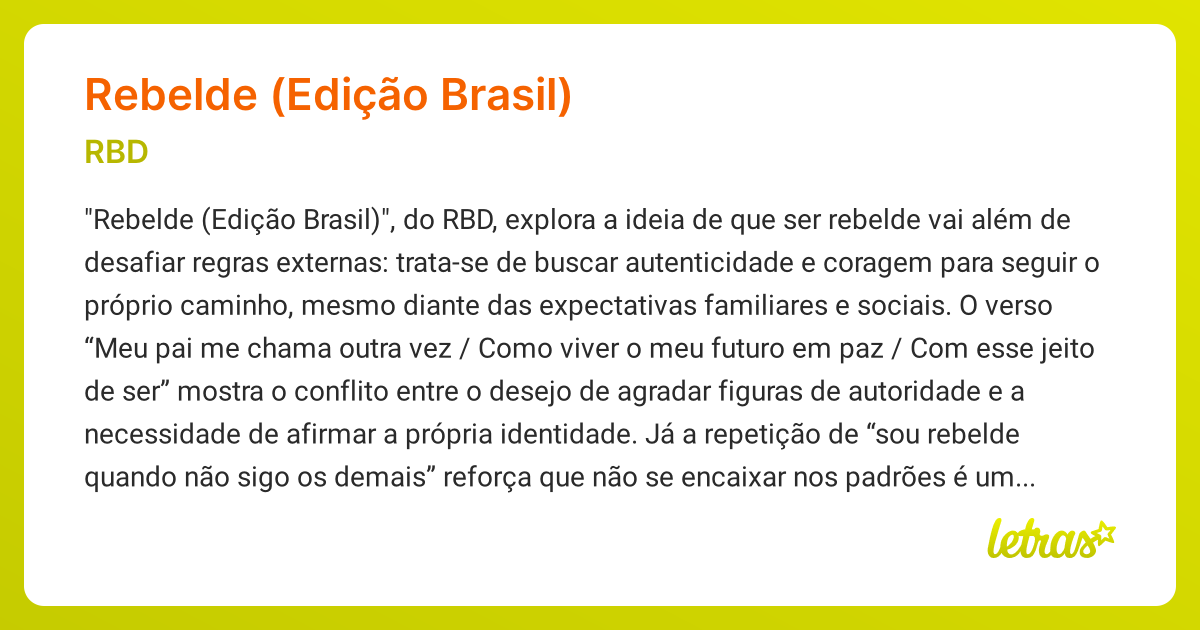 Significado da música REBELDE (EDIÇÃO BRASIL) (RBD) - LETRAS.MUS.BR