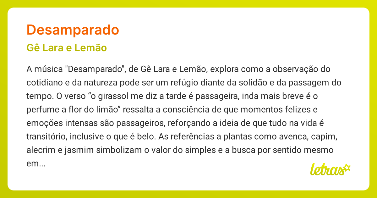 Significado da música DESAMPARADO (Gê Lara e Lemão) - LETRAS.MUS.BR