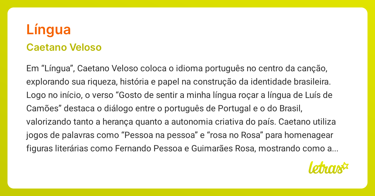 Significado da música LÍNGUA (Caetano Veloso) - LETRAS.MUS.BR