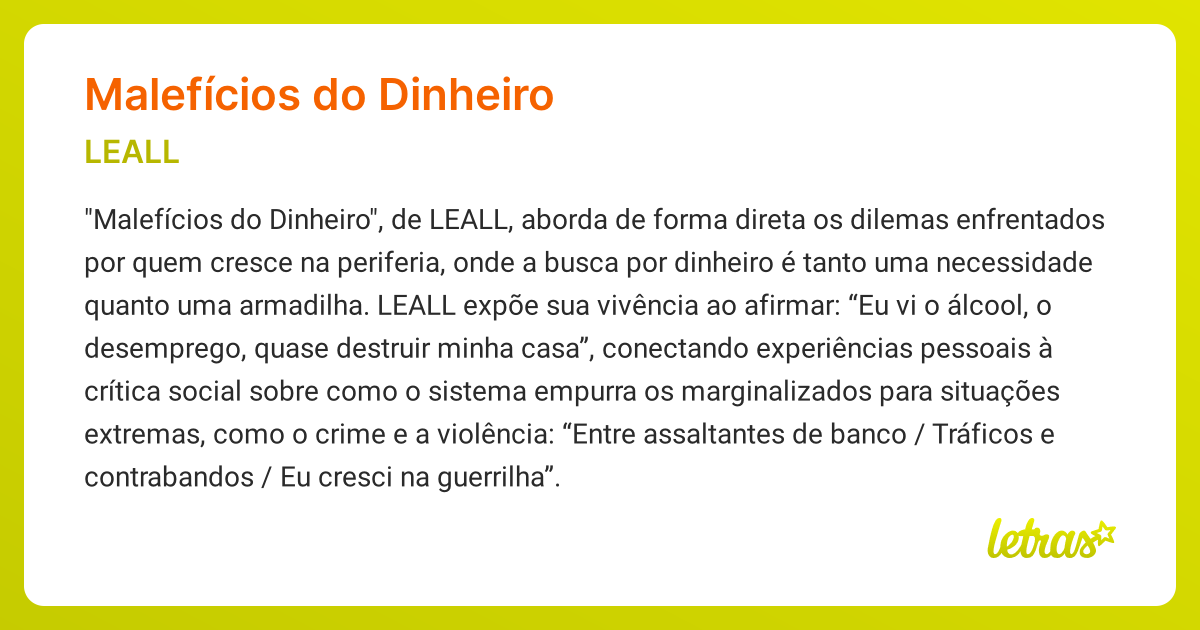 Significado da música MALEFÍCIOS DO DINHEIRO (LEALL) - LETRAS.MUS.BR