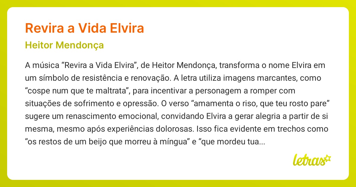 Significado da música REVIRA A VIDA ELVIRA (Heitor Mendonça) - LETRAS ...